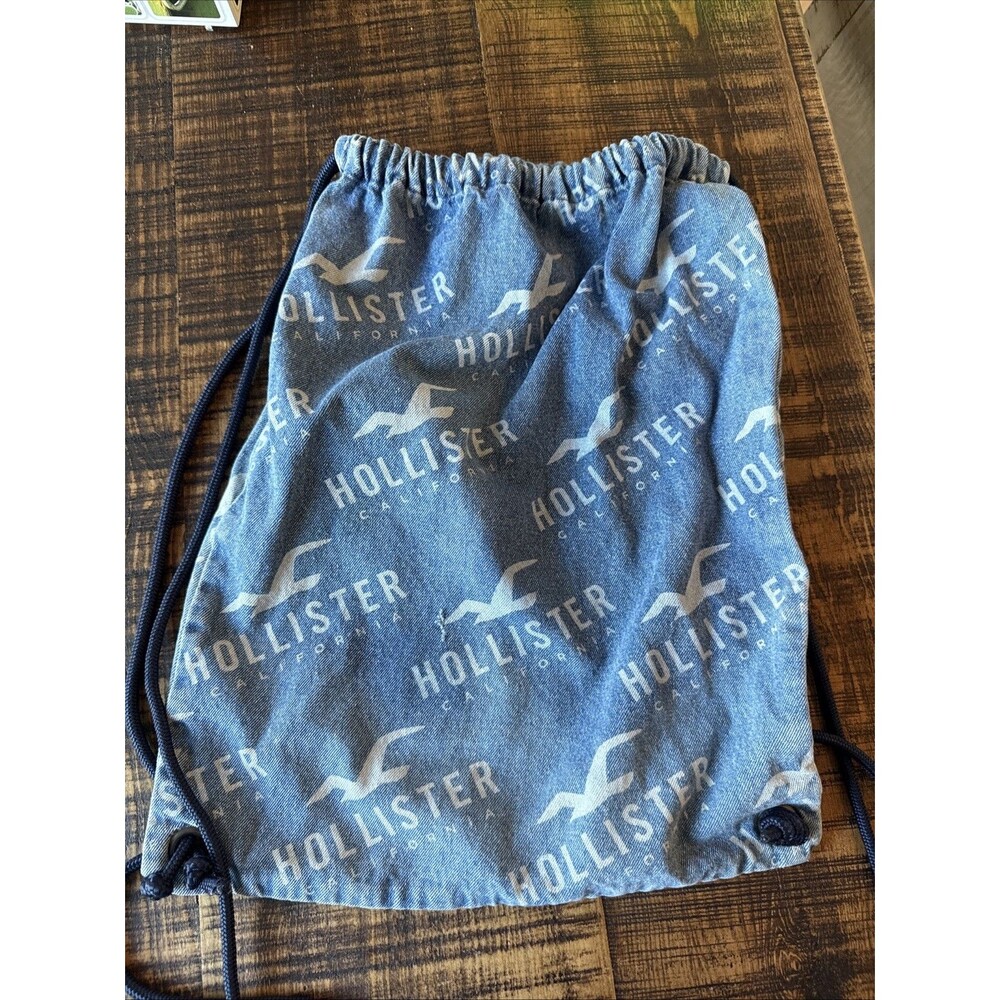 Hollister Blue Denim Drawstring Backpack Bag White Logo Y2K Sack Gym School Bag